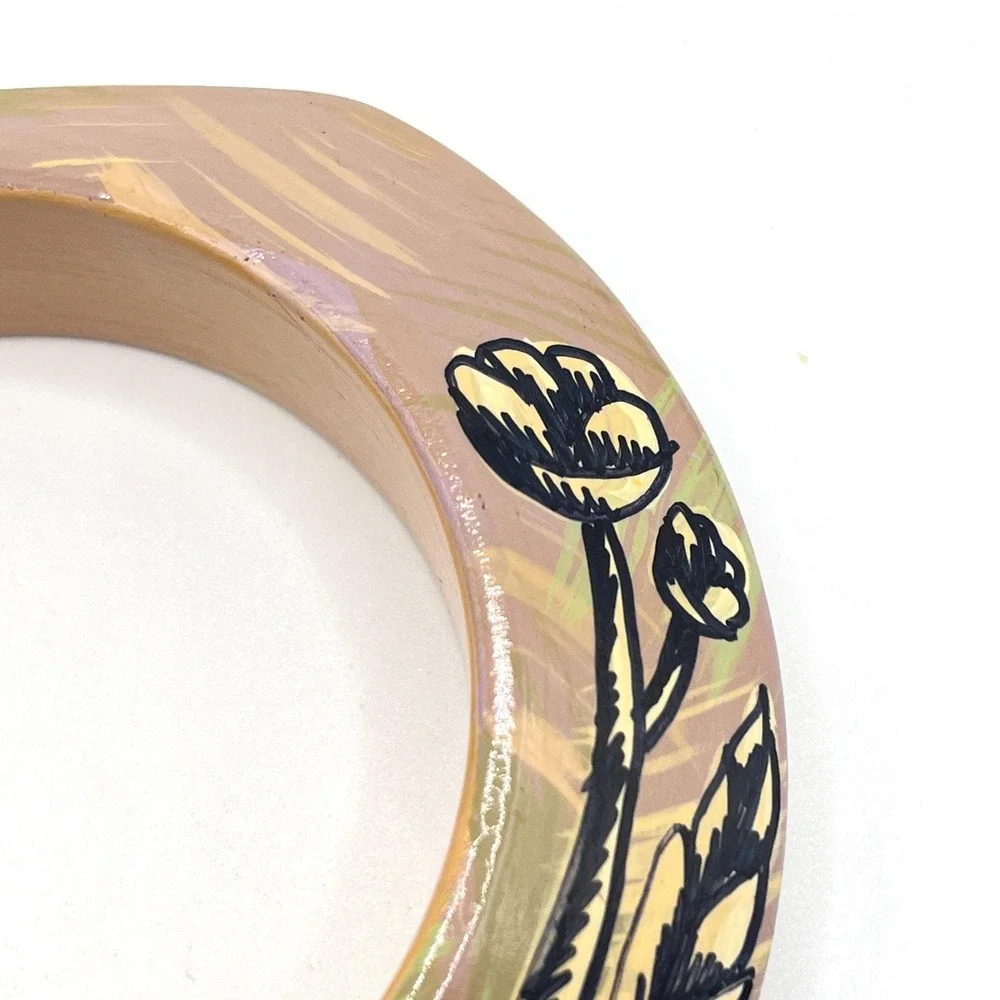 Vintage Lacquered Hand-Painted Floral Flower Mauve Purple Wood Bangle Bracelet